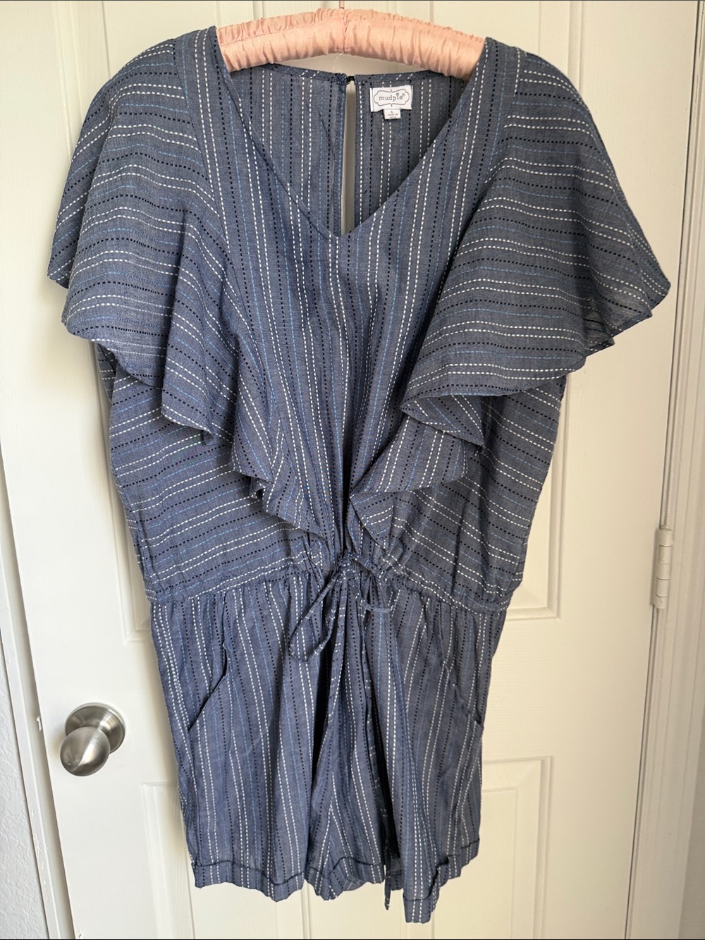 MudPieNavy Blue Striped V-Neck Ruffle Romper